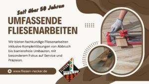 Werbebanner für Fliesenarbeiten: über 50 Jahre Erfahrung mit abgebildeten Fliesenlegewerkzeugen; Website www.fliesen-necker.de.