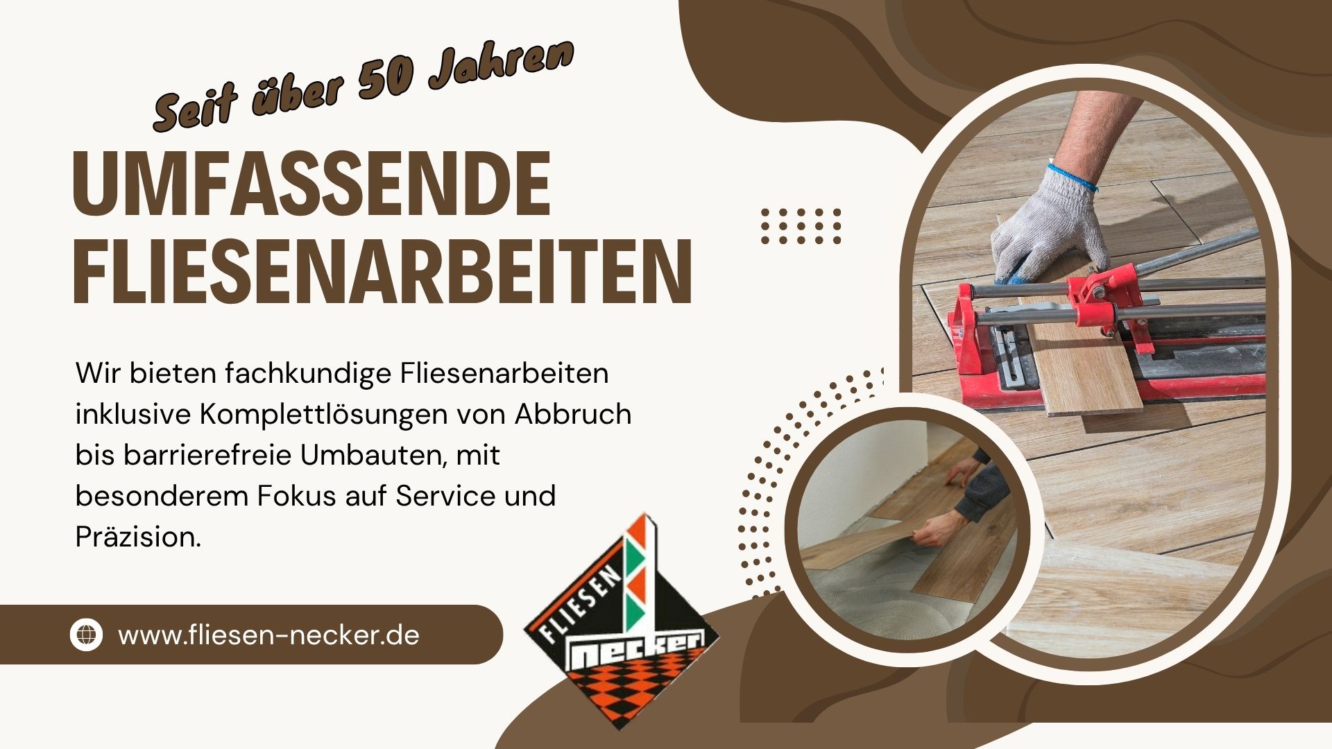Werbebanner für Fliesenarbeiten: über 50 Jahre Erfahrung mit abgebildeten Fliesenlegewerkzeugen; Website www.fliesen-necker.de.