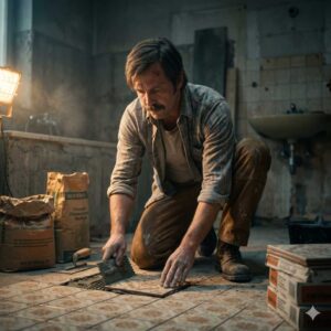 Man kneeling on a dusty tile floor, spreading mortar with a trowel in a dim workshop.