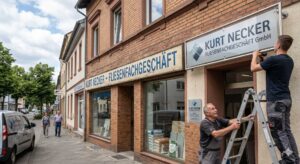 Two men install a large sign above the storefront of a brick building on a city street.